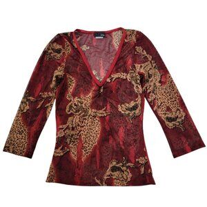 Y2K Toska Womens Red Sheer Mesh Leopard Baroque Grunge Ruched V-Neck Top Medium